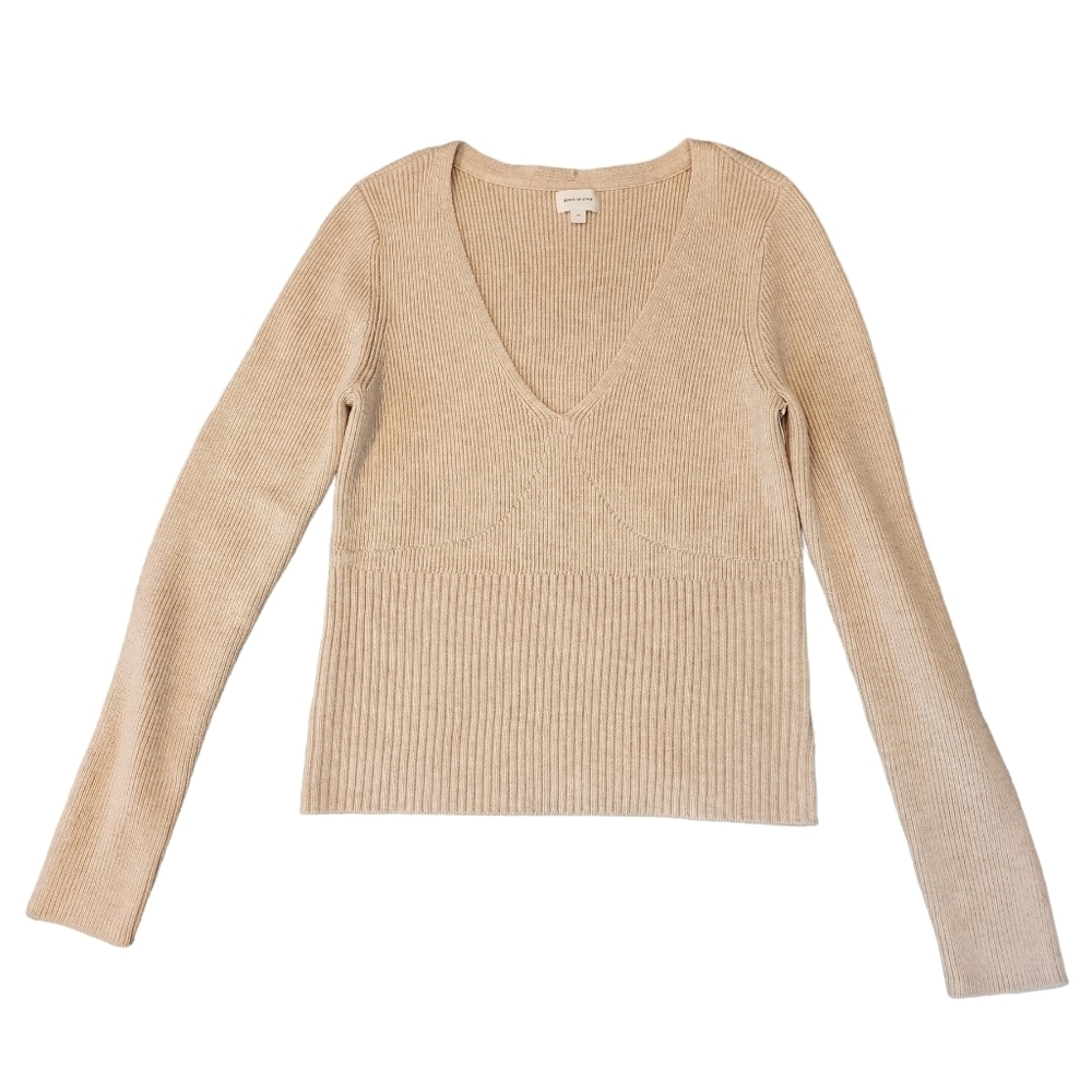NWT Revolve Song Of Style Merino Wool-Blend Ribbed V-neck Beige Sweater‎ Size XL